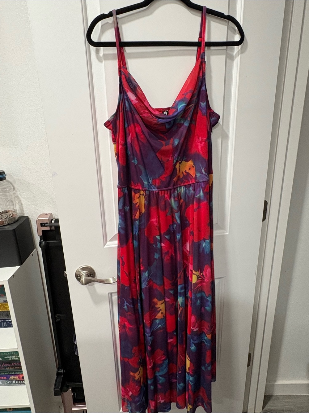 Red Floral Midi Dress with Cowl Neck